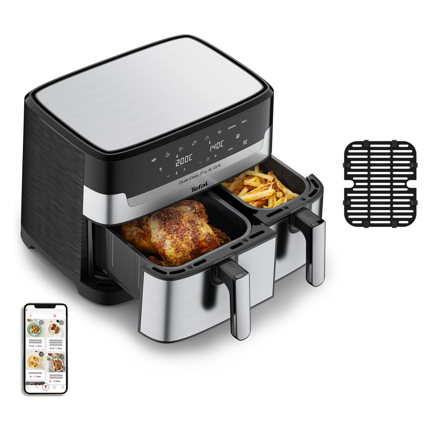 Fryer Tefal Dual Easy Fry & Grill / EY905D / 8.3L / 2700W / 2 Sirtarë / 8 Programe / 40–200°C / Grill / Sync / Touch Panel – Argjend/Zezë