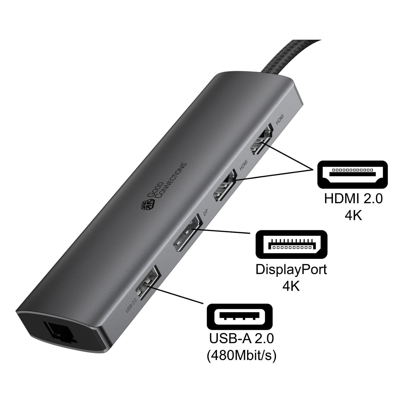 Hub USB Good Connections HUB-C001A / USB-C / 3x USB-A / 2x HDMI 2.0 + DisplayPort / RJ45 Gigabit / SD + MicroSD / Power Delivery 96W / 0.2 m - Hiri - 3