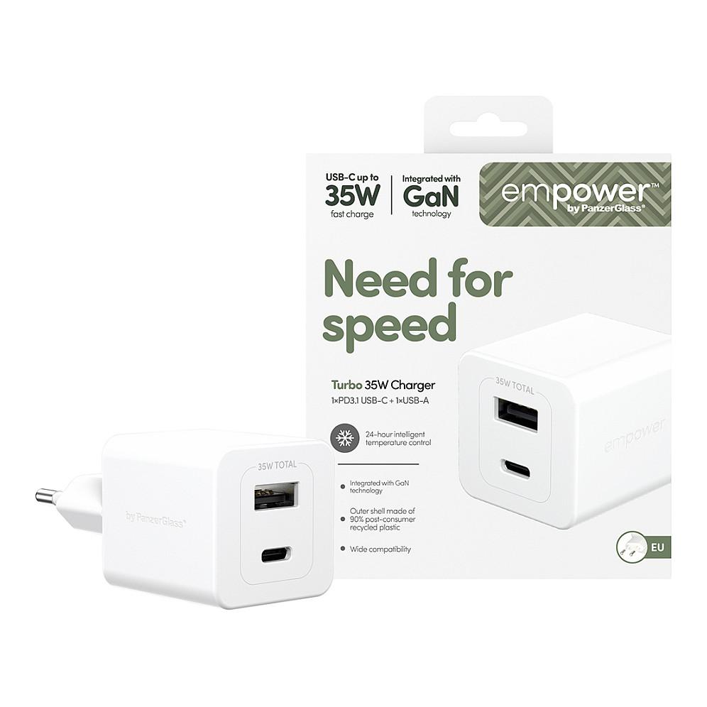 Karikues empower by PanzerGlass EM94326, Turbo 35W, GaN, USB-C + USB-A, PD 3.1, EU - Argjendtë/Bardhë - 2