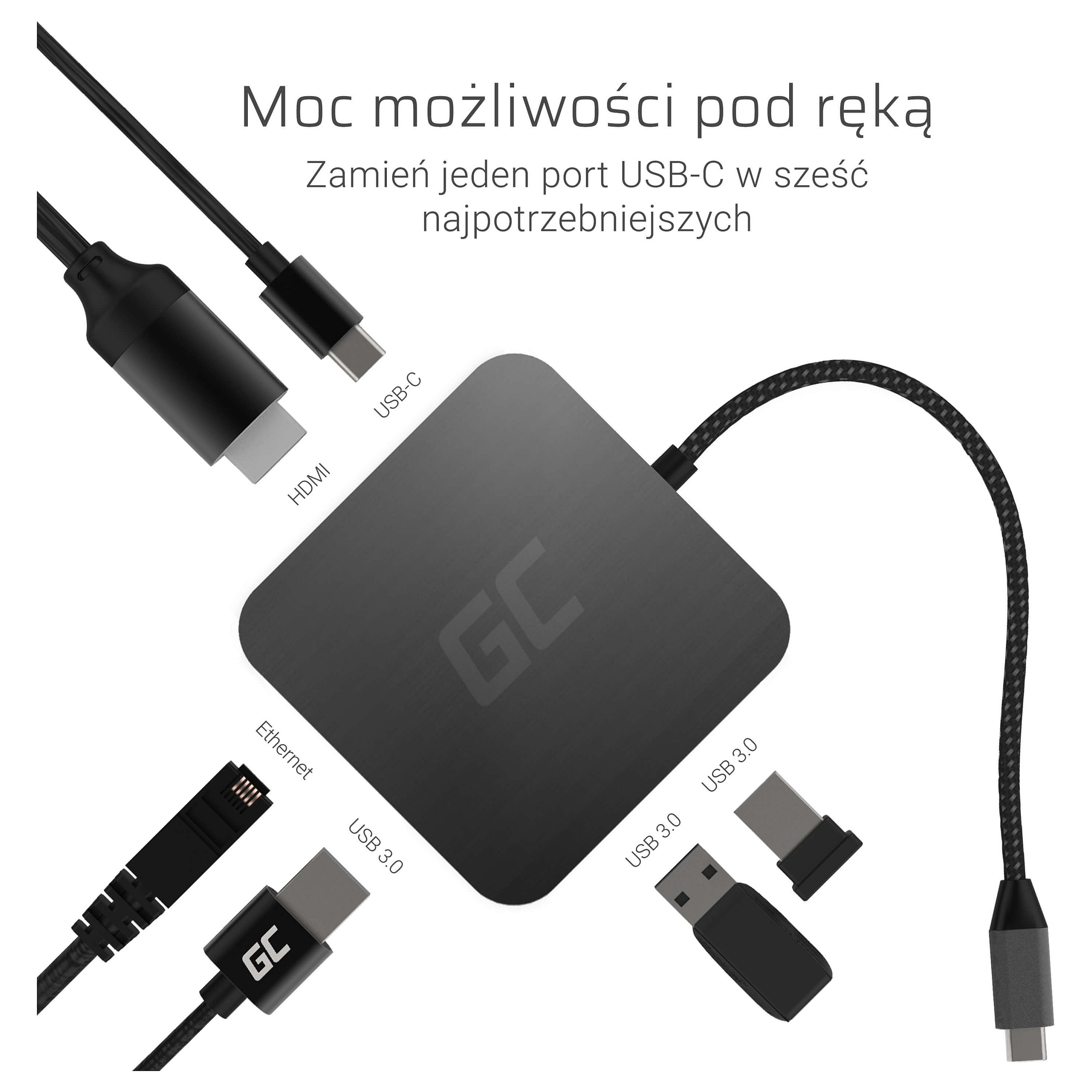 HUB Green Cell AK61 USB‑C / 6 Porta (3x USB 3.0, USB‑C, HDMI, Gigabit LAN) - Argjend - 2