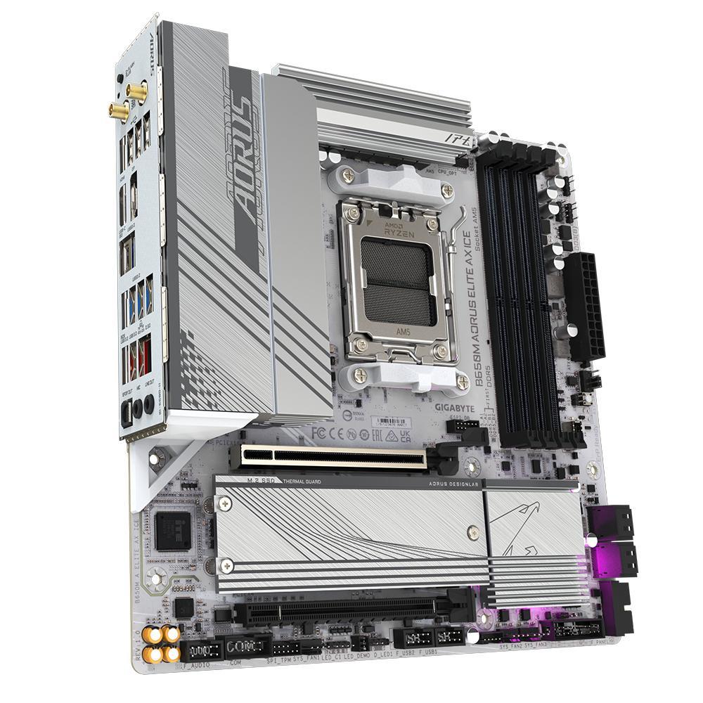 Pllakë Amë GIGABYTE B650M AORUS ELITE AX ICE / AMD B650 / AM5 / Micro-ATX / DDR5 / PCIe 5.0 / Wi-Fi 6E / 2.5GbE - 1