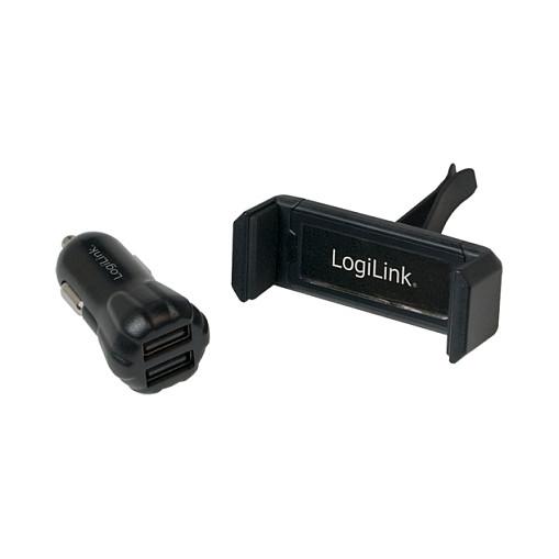 Adapter Telefoni për Veturë LogiLink PA0133 / 2x USB-A / 10W / Mbajtëse Smartphone 55–85 mm – Zezë