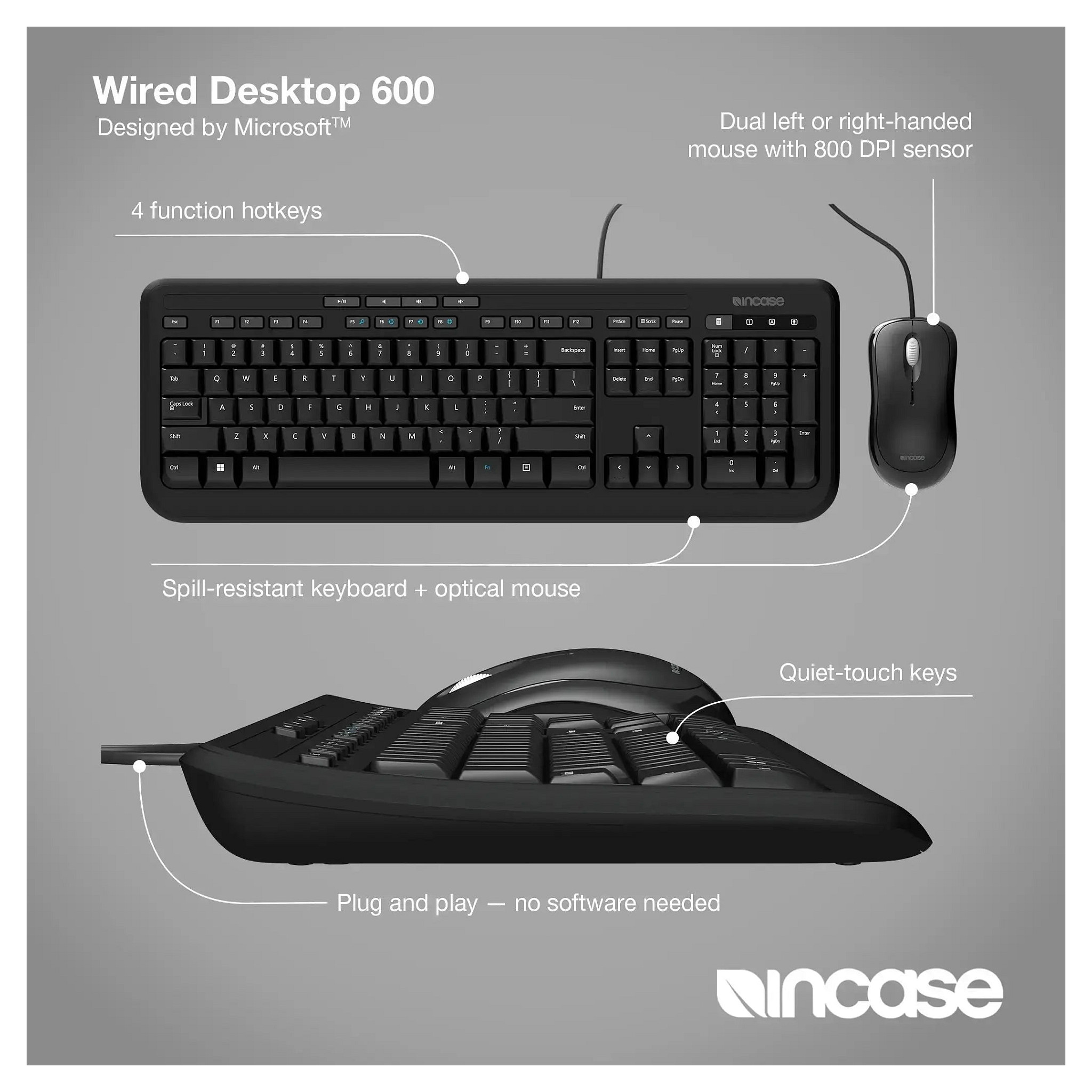 Combo (Tastierë & Maus) Incase DESKTOP 600 / Wired / QWERTY / UK English - Zezë - 3