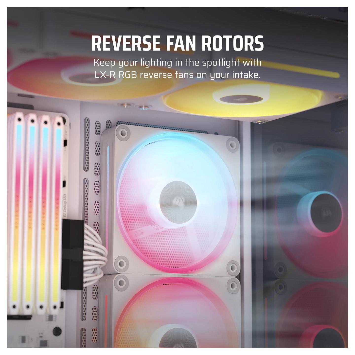 Ftohës për Kasë CORSAIR iCUE LINK LX120-R RGB / 120mm / Reverse / PWM / 2400 RPM / 66.7 CFM / 4.72 mmH₂O / 18 LED / 3-Pack – Bardhë - 5