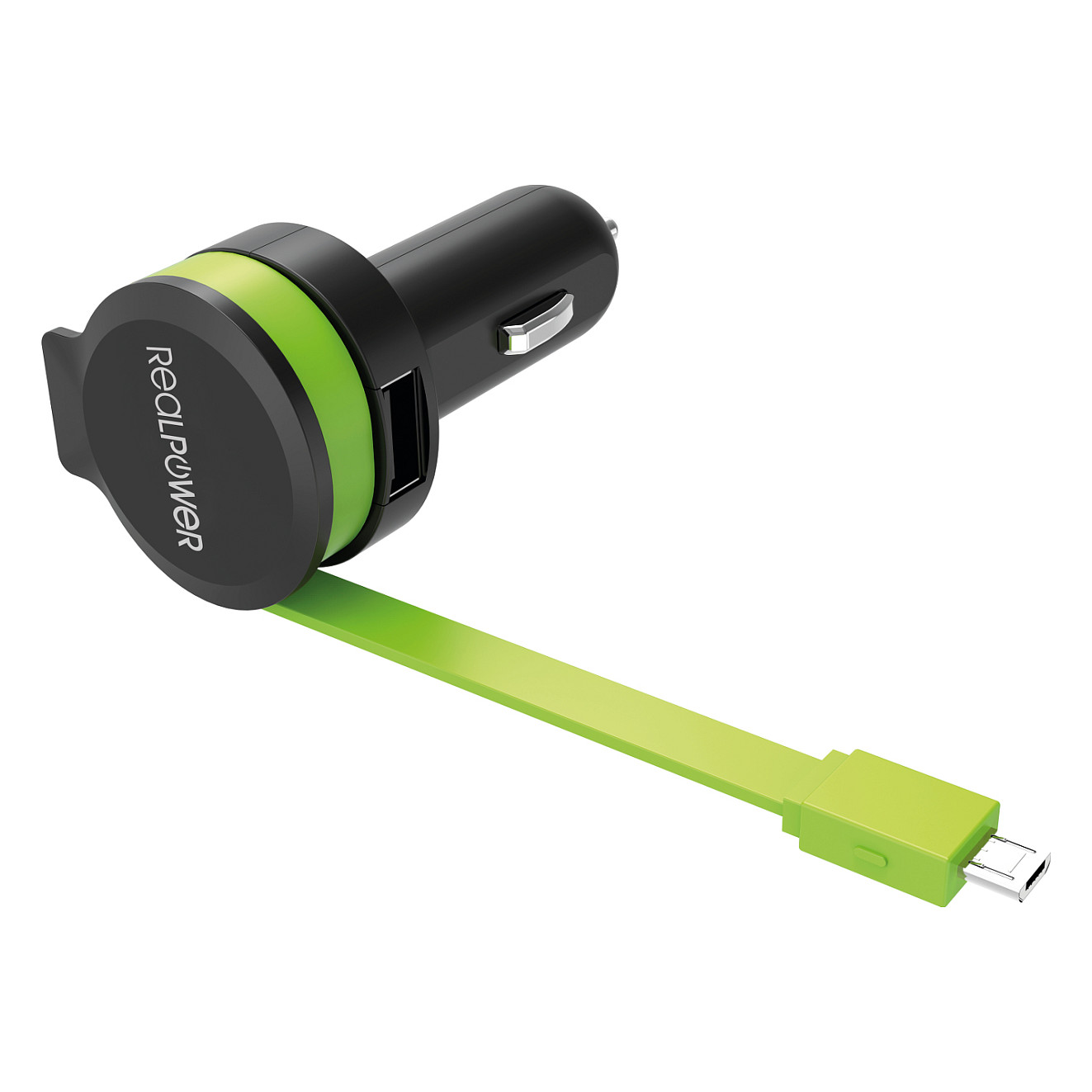 Adapter telefoni për veturë RealPower 257635 / USB-A + Micro-USB / 5V / 4.8A / 12-24V - Zezë/Gjelbër