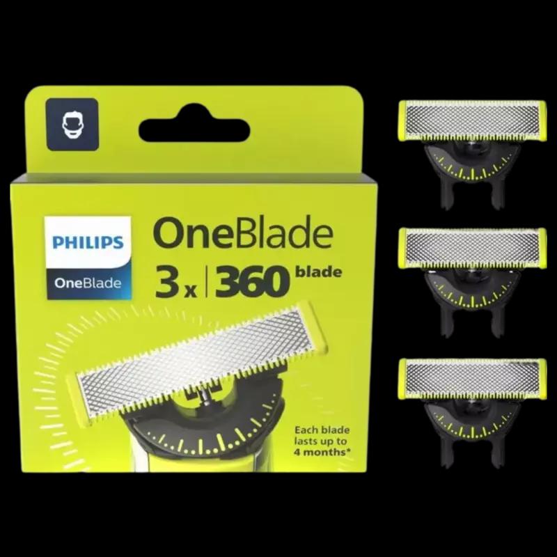 Teh zëvendësues për makinë rroje Philips OneBlade QP430/50 / 360 Blade / Anti-Friction / Dual Protection / Contour-Following / 3 Copë - Argjend/Gjelbër/Zezë