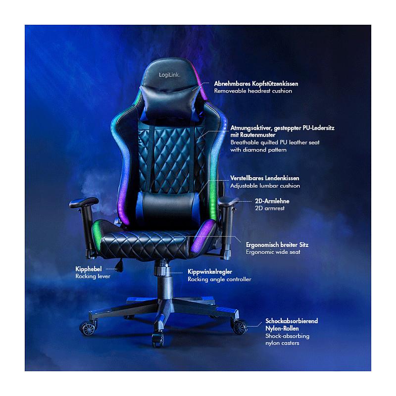 Karrige Gaming LogiLink EO0076 / RGB / Mbështetje për kokë dhe mes / Krahë 2D / 90-150° / 150 kg – Zezë/Blu - 3