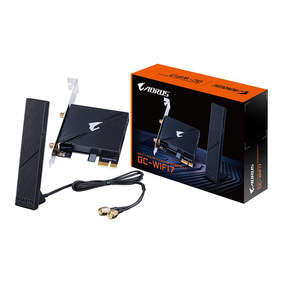 Karta të Rrjetit GIGABYTE GC-WIFI7, PCI Express x1, Tri-Band 2.4GHz + 5GHz + 6GHz, deri në 5800Mbps, Wi-Fi 7, Bluetooth 5.3, Antenë 2Tx2R High-Gain - Zezë