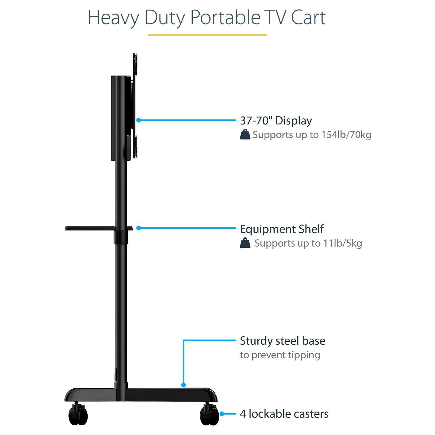 Mbajtëse për TV StarTech.com / 37"-70" / 70kg / VESA 200x200-600x400 / Me Rrota / Rrotullim 90° / Inklinim - Zezë - 8