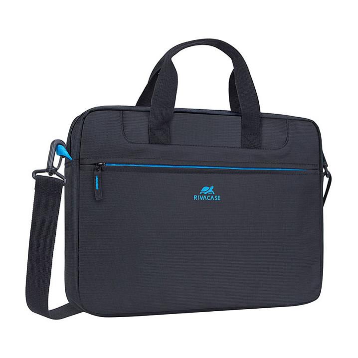 Çantë për Laptop RIVACASE Regent 8027, 14", Poliester Rezistent ndaj Ujit, Ndarje e Mbushur, Xhep i Përparmë, Rrip Shpatulle i Rregullueshëm – Zezë/Blu