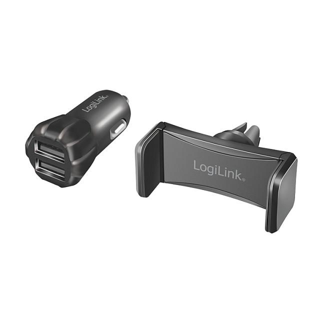 Adapter telefoni për veturë LogiLink PA0203 / 2x USB-A / 10W / Mbajtëse Smartphone 55–85 mm – Zezë