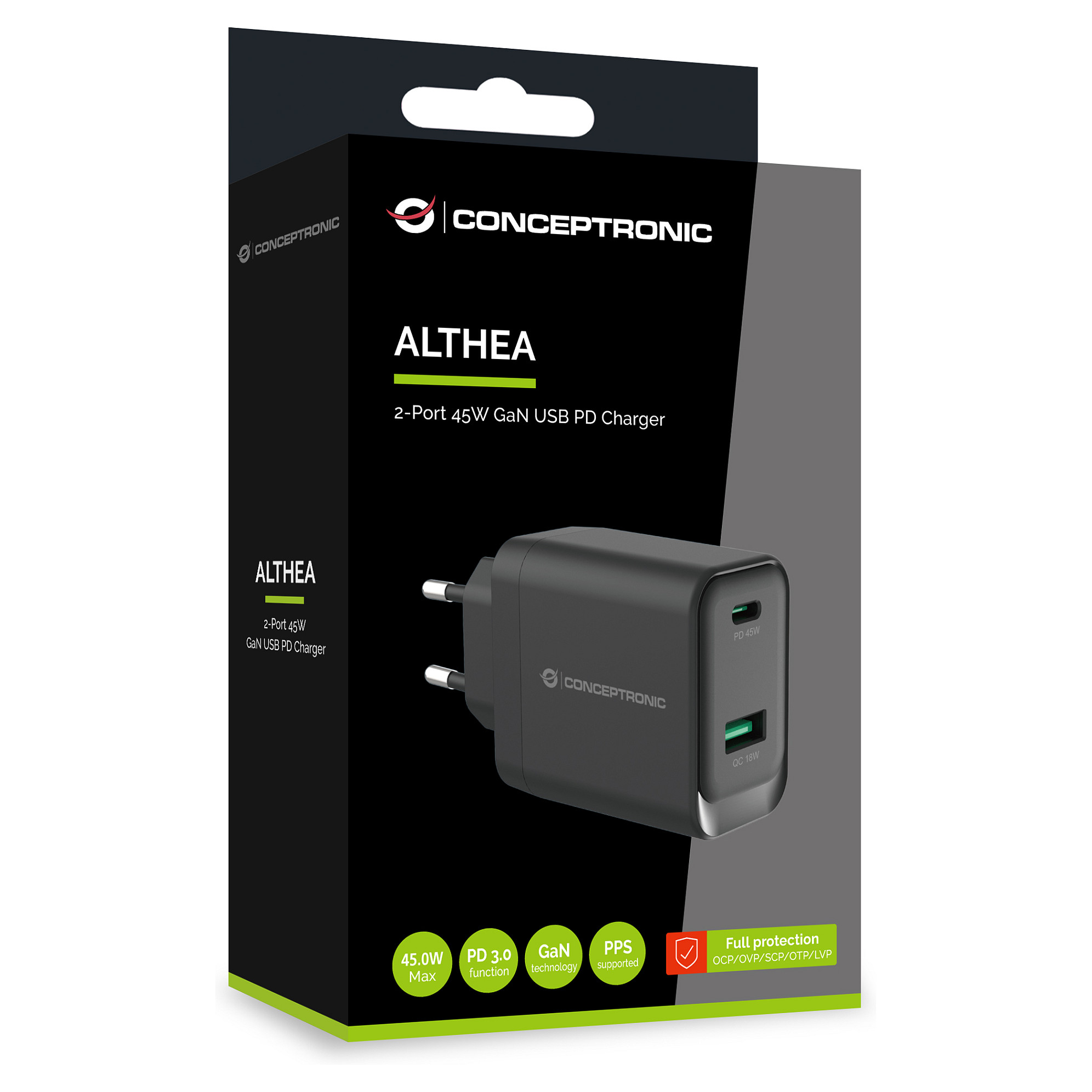 Karikues Conceptronic ALTHEA20B45 / GaN / 45W / USB-C / USB-A / PD 3.0 / QC 3.0 / PPS - Zezë - 4