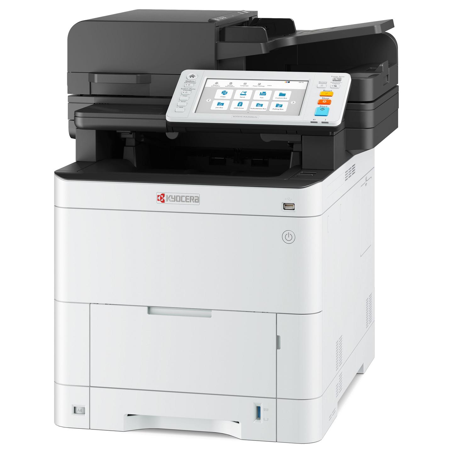 Printer Multifunksional Kyocera ECOSYS MA3500cifx, Laser me Ngjyra, A4, 35 ppm, 1200 × 1200 dpi, USB 2.0, Gigabit Ethernet, Duplex, ADF 100-fletësh, Fax - Bardhë/Zezë - 1
