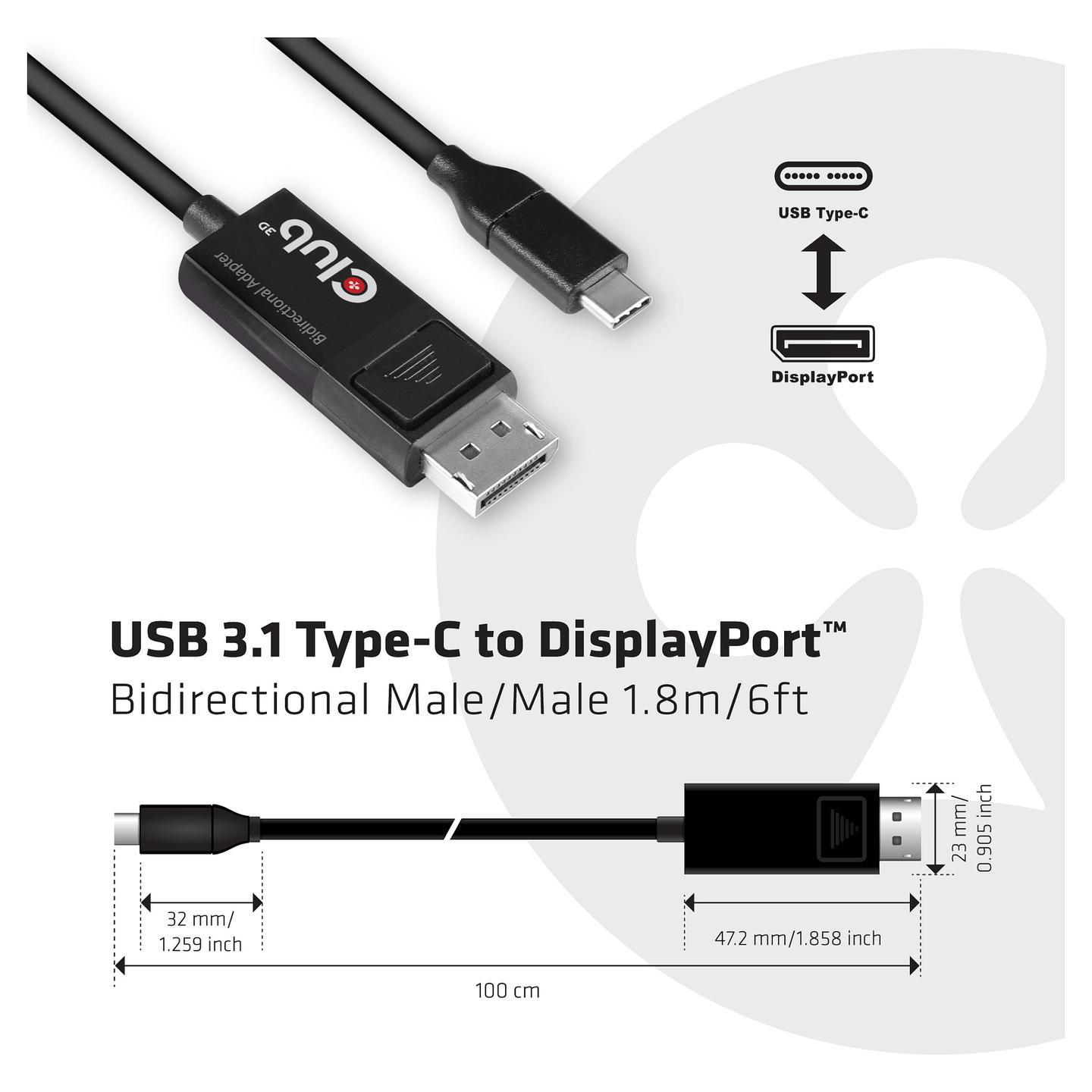 Kabllo DisplayPort Club 3D CAC-1557 / USB-C në DisplayPort / DisplayPort 1.4 / 1.8m / 8K 60Hz / HDR - Zezë - 3