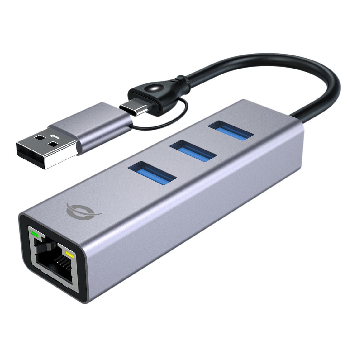 Hub Conceptronic ABBY25G, 3x USB-A, Gigabit Ethernet, USB 3.2 Gen 1, 5Gbps - Gri