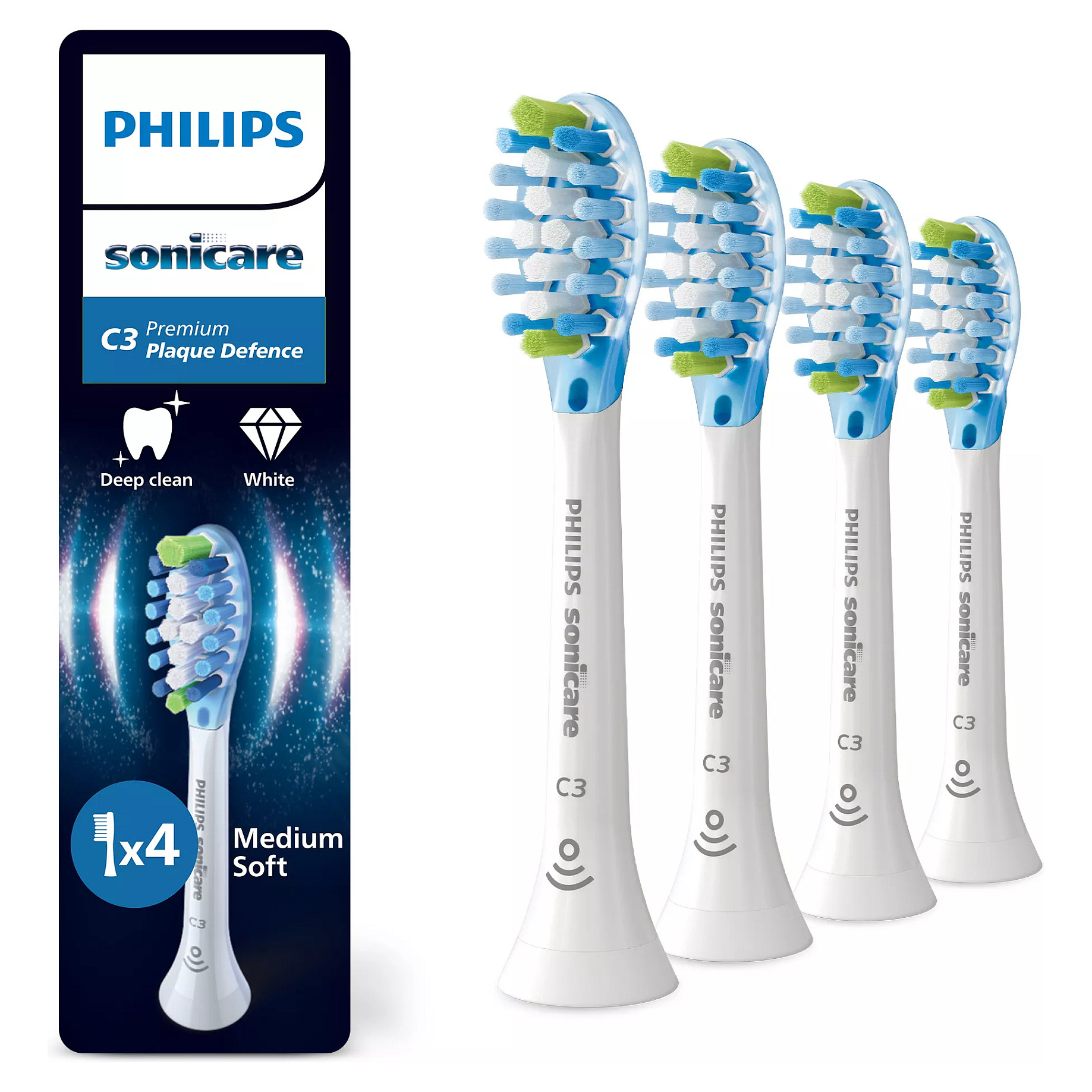 Koka zëvendësuese për furçë dhëmbësh Philips Sonicare C3 Premium Plaque Defence HX9044/87 / BrushSync / Click-On / Medium-Soft / 4 Copë – Bardhë