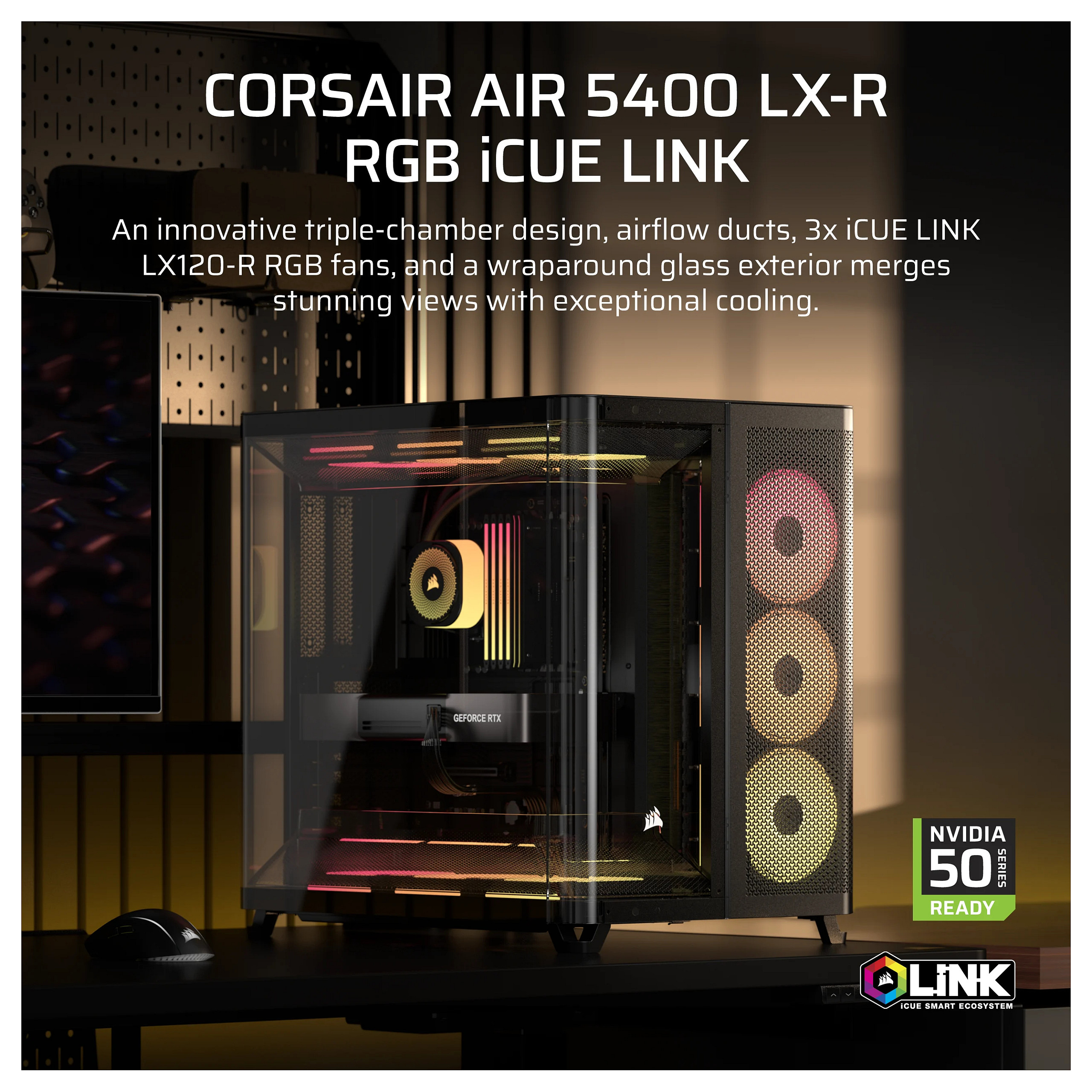 Kasë PC Corsair AIR 5400 LX-R RGB iCUE LINK / Midi Tower / E-ATX + ATX / 3x 120mm LX-R RGB Fan / Tempered Glass - Zezë - 2