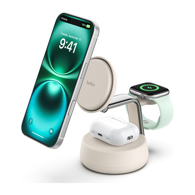 Karikues Pa Kabllo Belkin UltraCharge Pro / 3 në 1 / Qi2 25W / USB-C - Krem