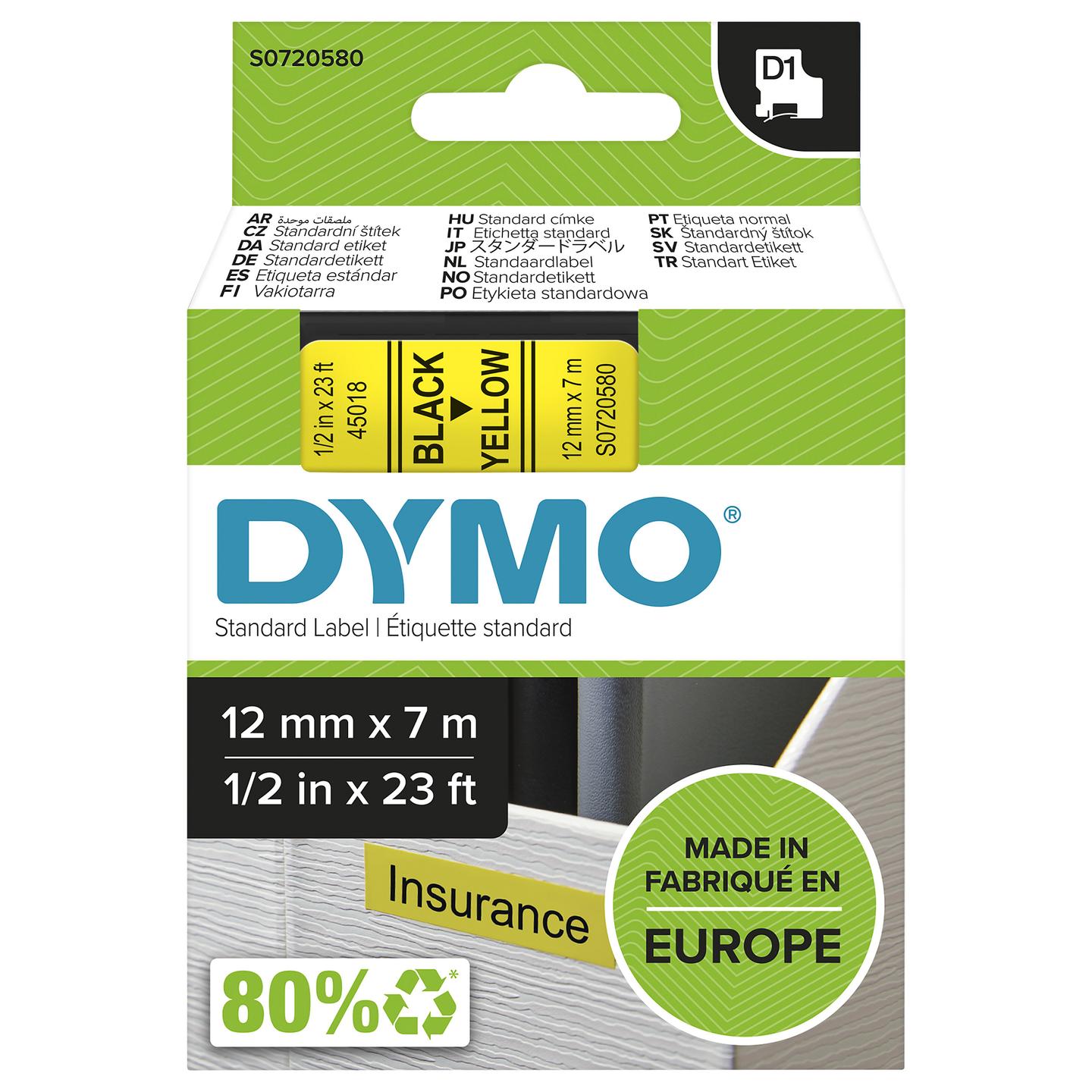 Shirit për Printer DYMO D1 / 12 mm × 7 m - Zezë mbi Verdhë
