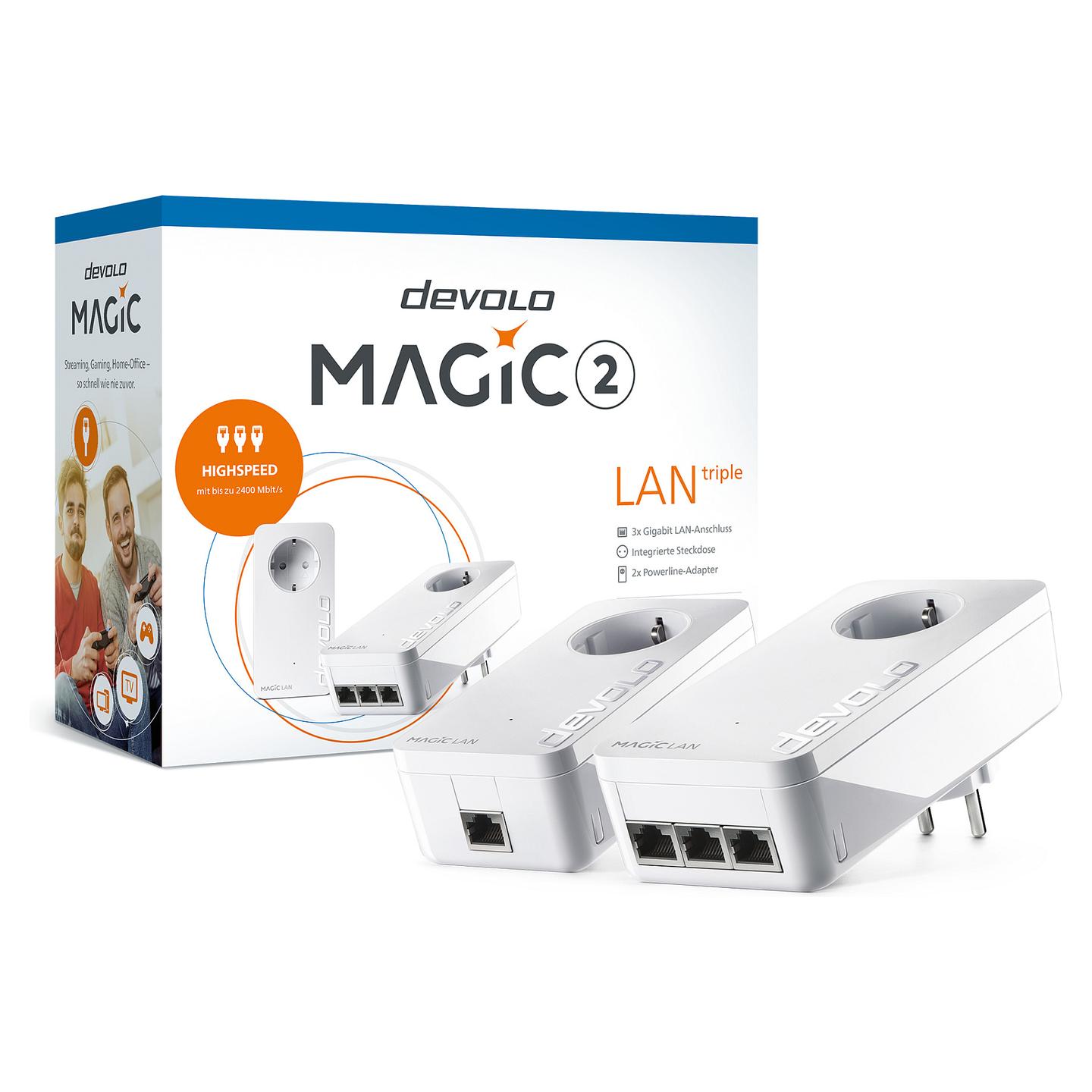 Power-LAN devolo Magic 2 LAN triple Starter Kit, 2400Mbps, G.hn, 3× Gigabit Ethernet, 10/100/1000Mbps, AES 128-bit - Bardhë