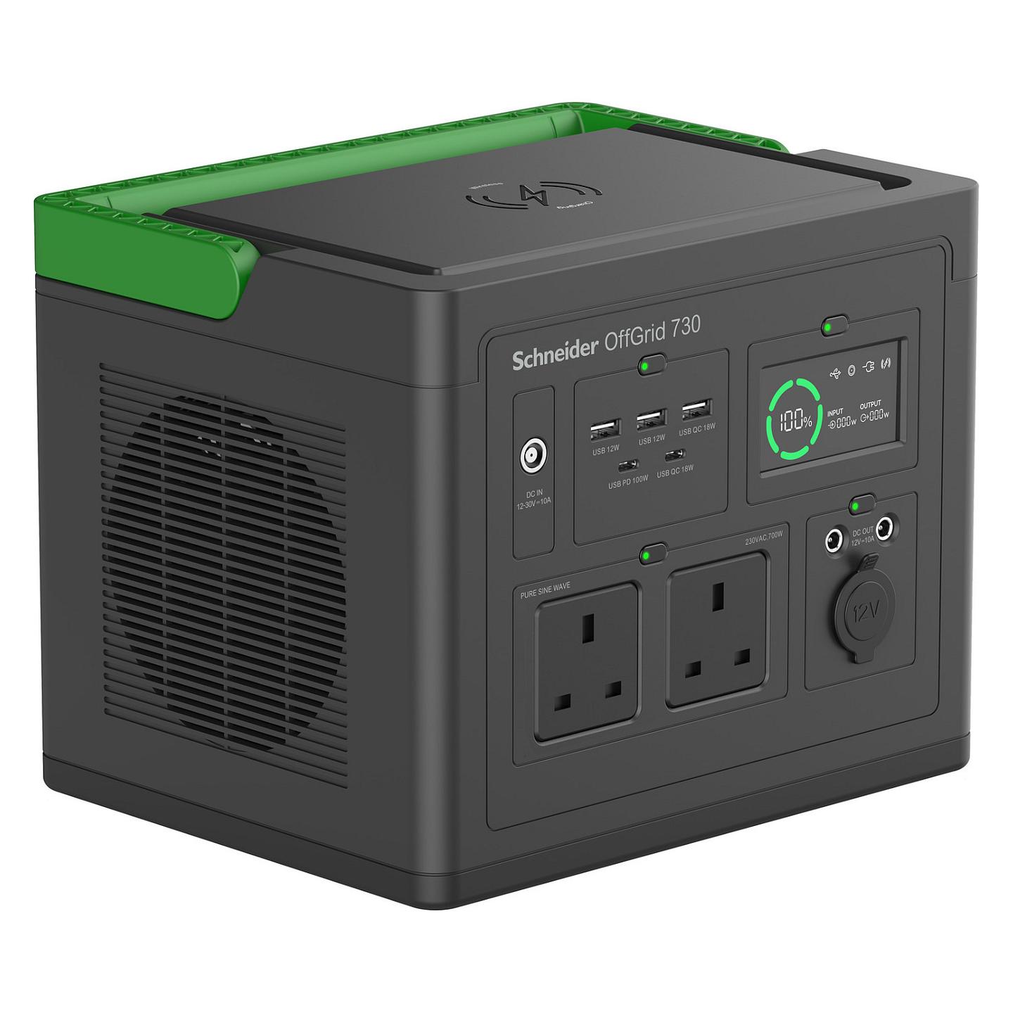 Stacion Energjetik Portativ APC OffGrid PPS730-UK, 738 Wh, 700 W, 2 Priza UK, USB-A, USB-C, Karikim Pa Kabllo – Zezë, Gjelbër