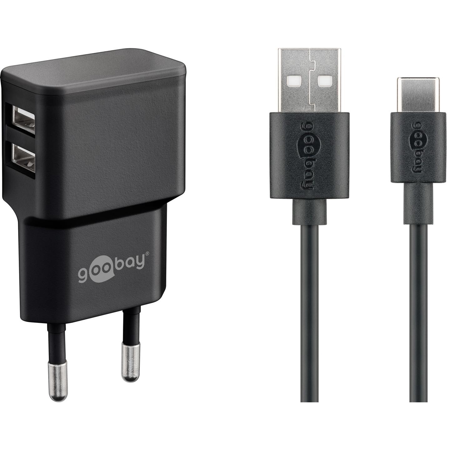 Kabllo & Adapter Goobay 44986 / 2x USB-A / USB-C / 2.4A / 12W / 1m - Zezë