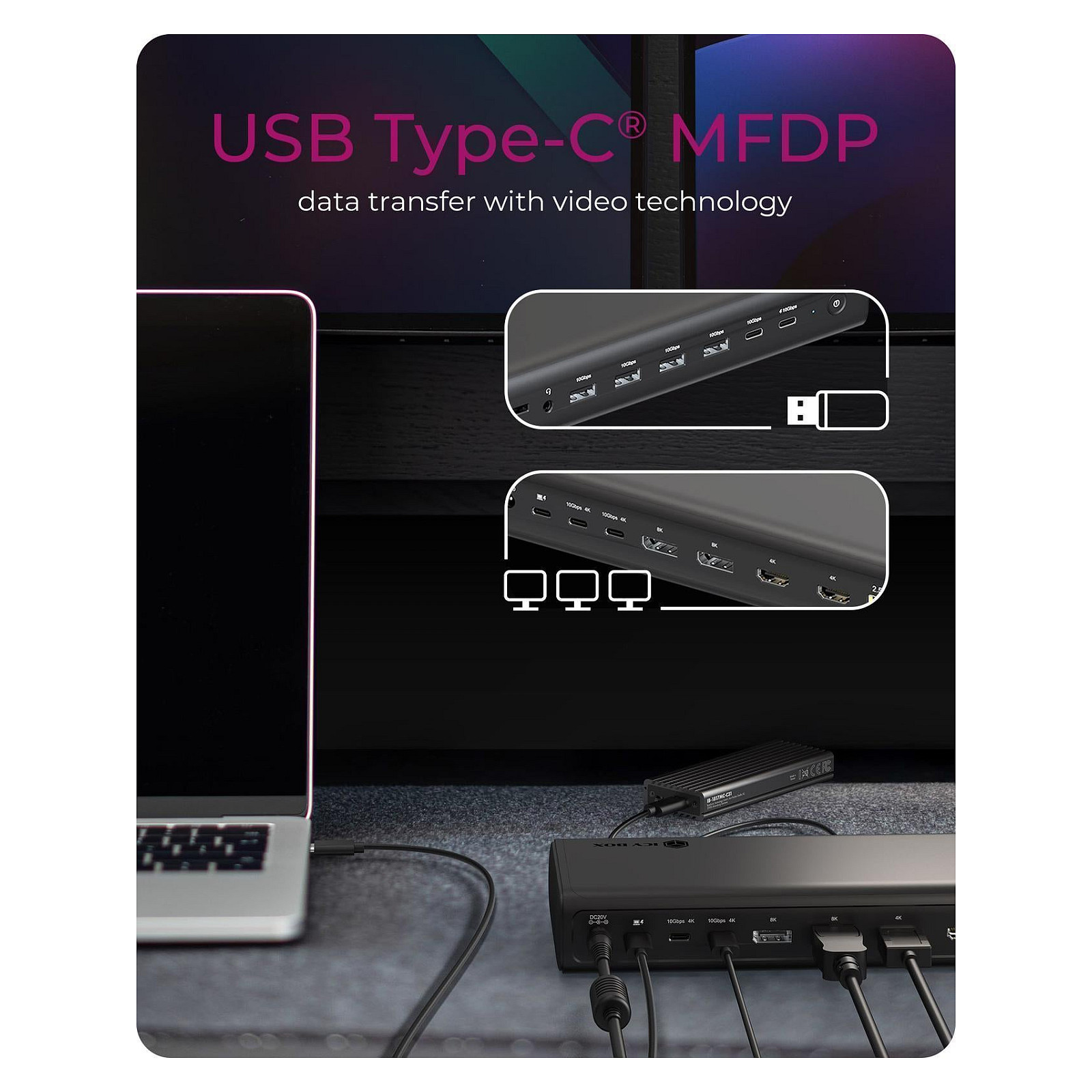 Docking Station ICY BOX IB-DK7401-CU31 / 17-Port / USB 3.2 Gen 2 / DisplayLink / 8K 144Hz / 2.5GbE / 140W PD - Zezë - 7