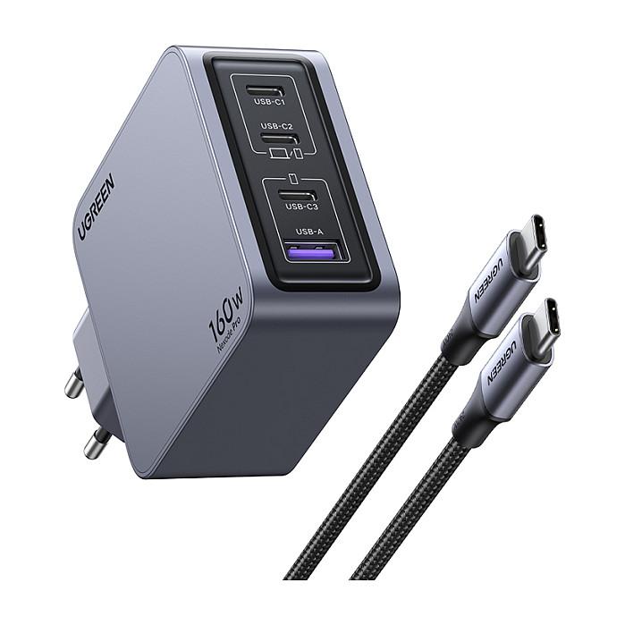 Karikues UGREEN Nexode Pro 25877 / GaN / 160W / 3x USB-C / USB-A / PD 3.1 / USB-C Cable - Gri/Zezë - 3