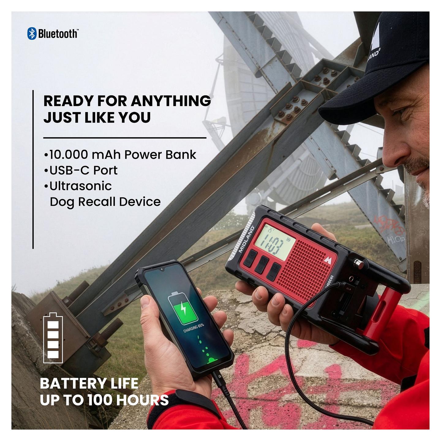Radio Emergjence Midland ER 300 Pro, Bateri Li-Ion 10.000 mAh, USB-C – Zezë, Kuqe - 5