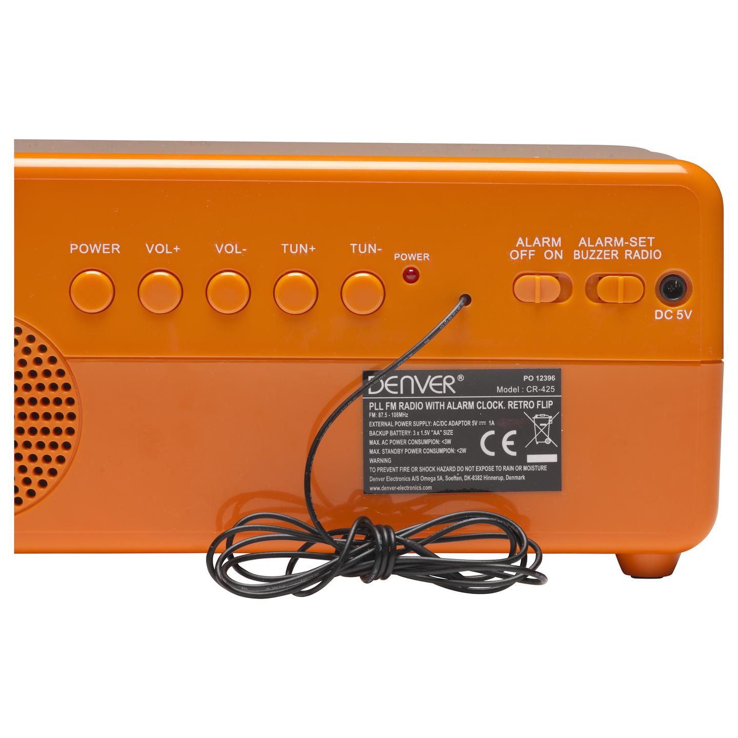 Radio me orë dhe alarm Denver CR-425, FM PLL, ekran me shifra retro, zgjim me radio ose sinjal zanor, bateri rezervë AA - Portokalli - 4