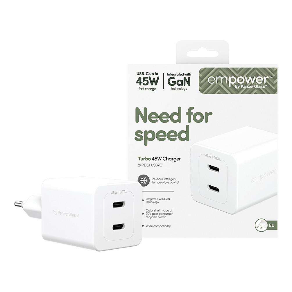 Karikues empower by PanzerGlass EM58685, Turbo 45W, GaN, 2x USB-C, PD 3.1, EU -Bardhë - 2