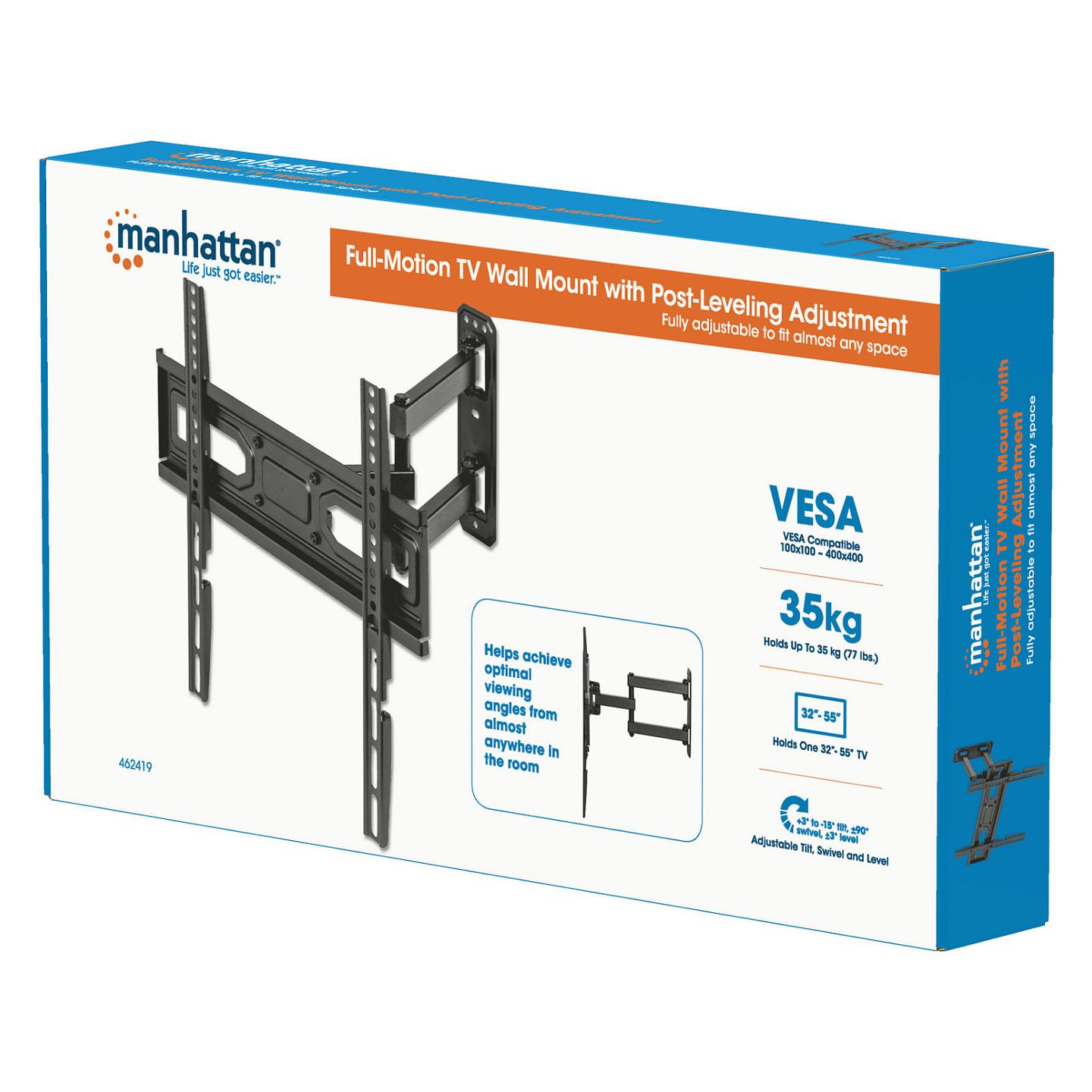 Mbajtëse Muri për TV Manhattan 462419 / 32"-55" / 35kg / Full Motion / Tilt -15° deri +3° / Swivel ±90° - Zezë - 8