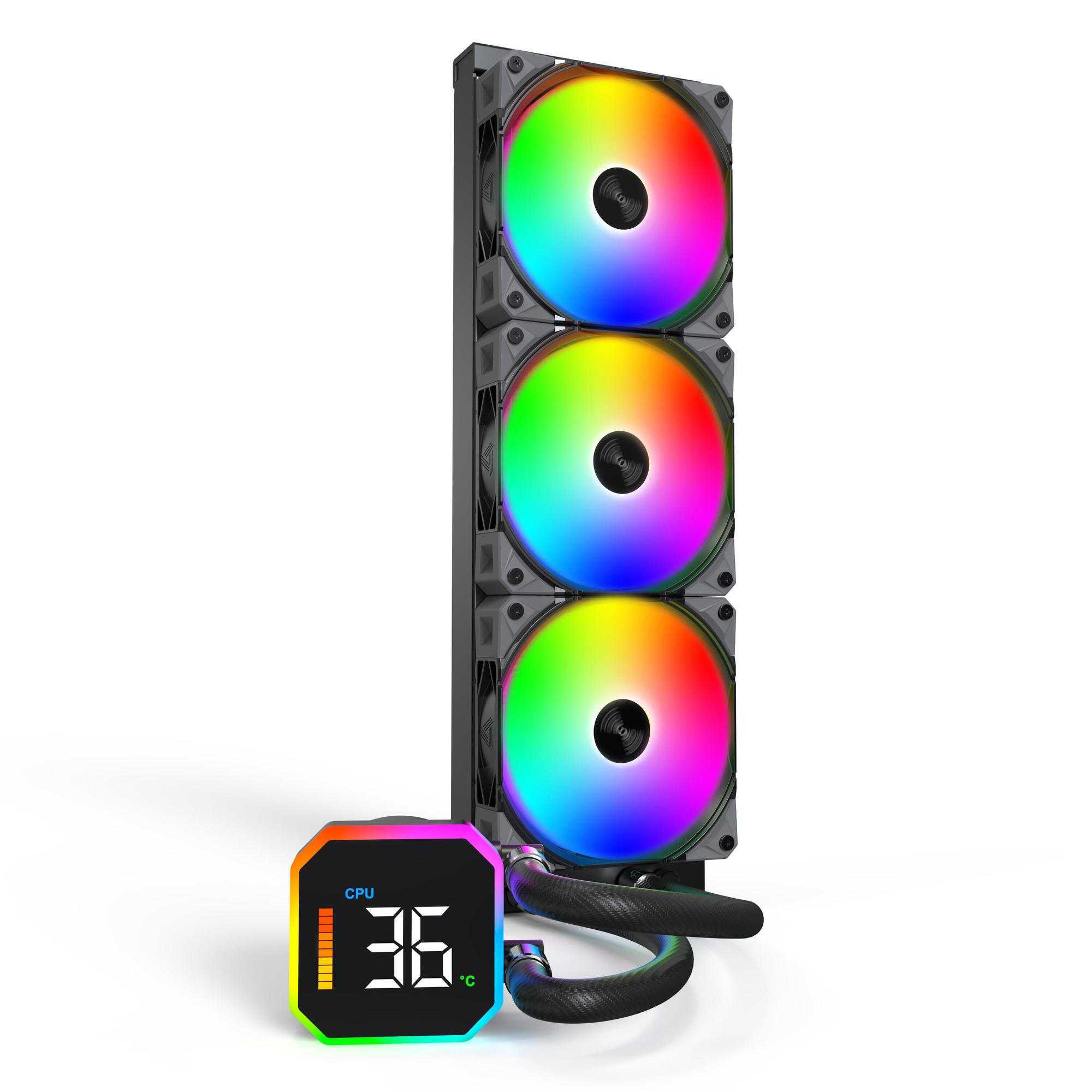 Ftohës me ujë për procesor Montech HyperFlow Digital 360 / 360mm / 3x 120mm ARGB Fan / 800-2200 RPM / Digital Display – Zezë
