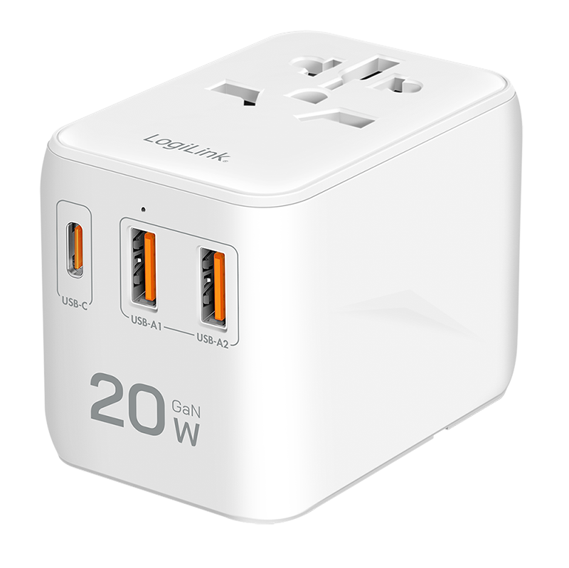 Adapter LogiLink PA0356 / 20W / GaN / 2x USB-A QC / 1x USB-C PD / Slim / Universal – Bardhë