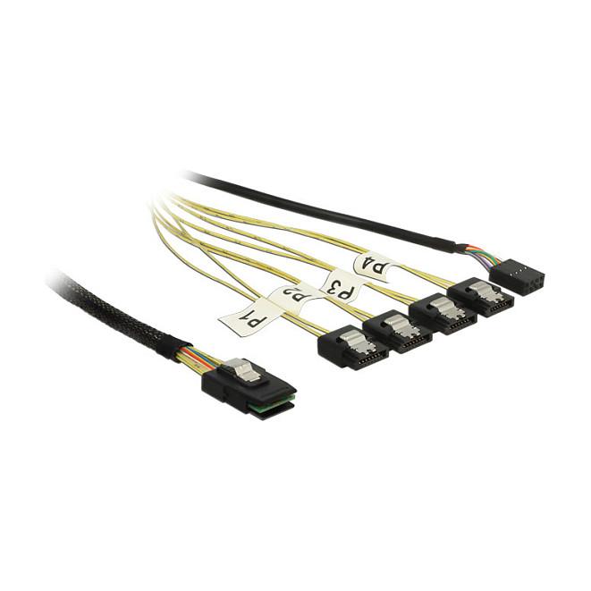 Kabllo SAS DeLOCK 83319, Mini SAS SFF-8087 në 4 x SATA 7-pin + Sideband, Reverse Breakout, 1 m - Zezë/Argjend