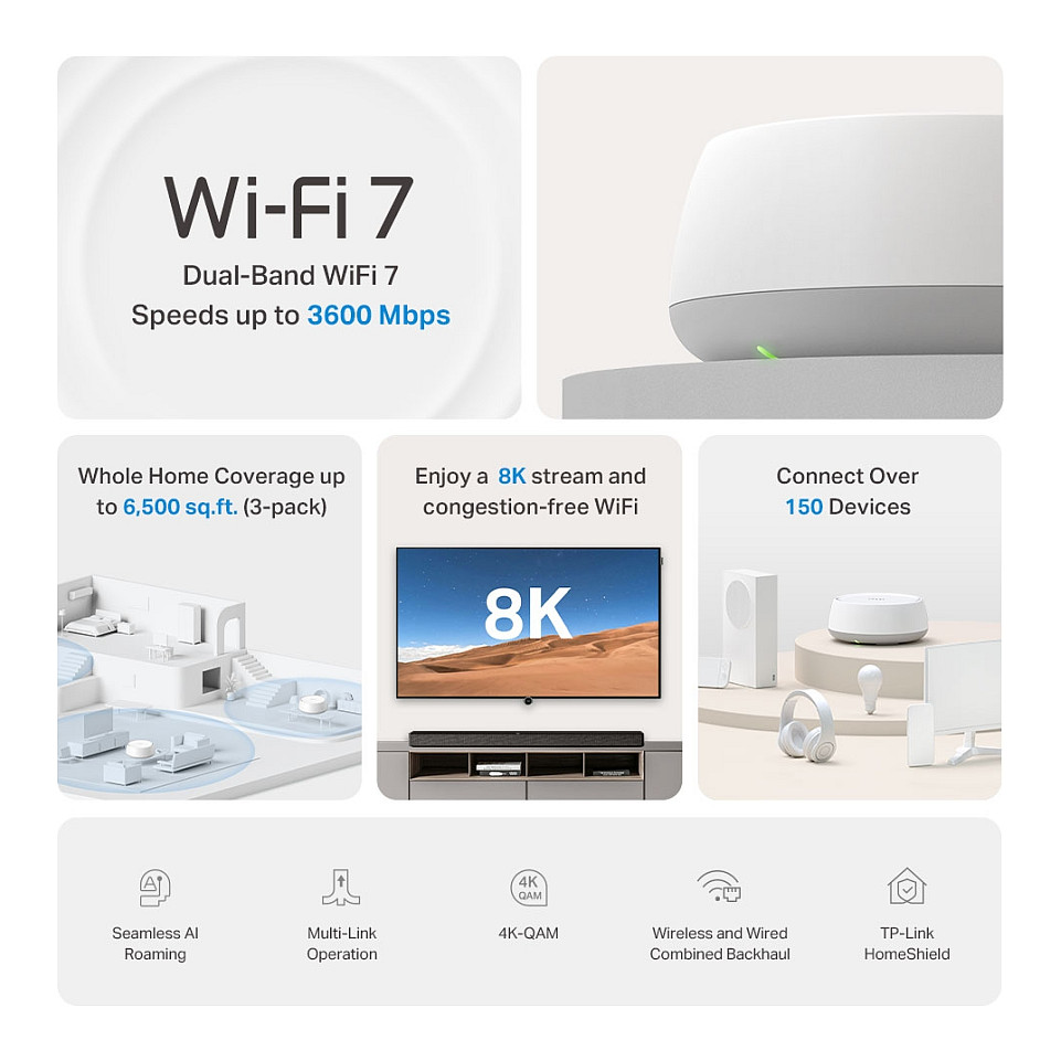 TP-Link Deco BE22 (3-Pack) BE3600 Wi-Fi 7 Mesh – Dual-Band, 2882Mbps 5GHz + 688Mbps 2.4GHz - 3