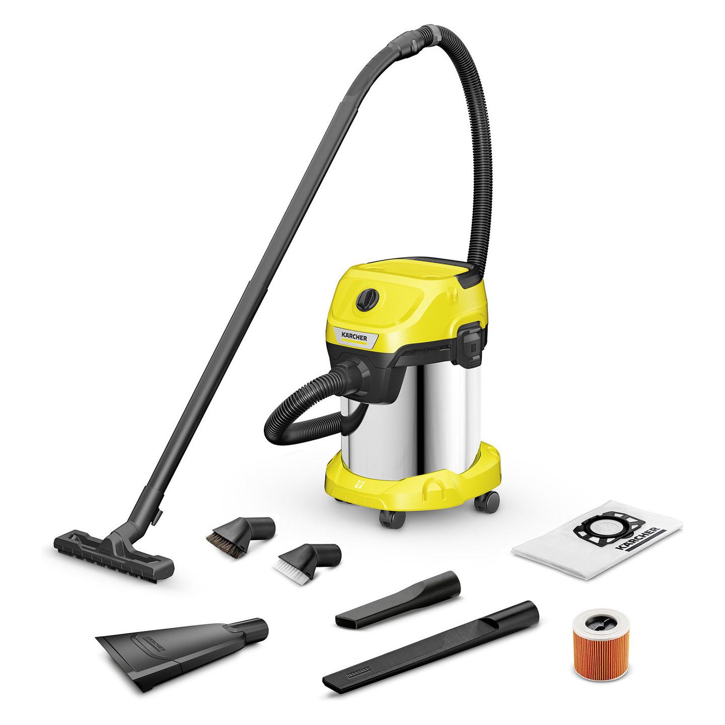 Fshesë Elektrike Kärcher WD 3 S V-17/4/20 / Wet & Dry / 1000W / 17L / 230W / 230mbar / 45l/s / 4m / 2m - Verdhë/Argjend