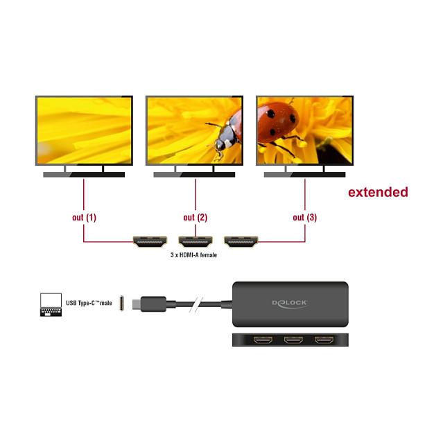 Adapter Video DeLOCK 88040, USB-C Mashkull në 3x HDMI Femër, DisplayPort 1.4, MST, 3x 4K 60Hz, HDR - Zezë - 2
