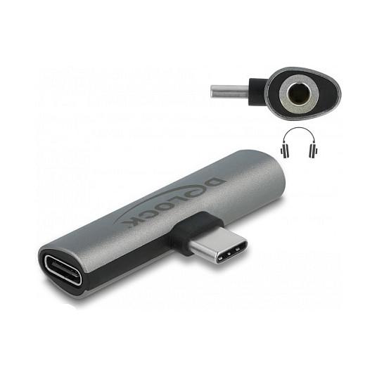Adapter Audio USB DeLOCK 64186 / USB Type-C Mashkull në Jack 3.5 mm Femër + USB Type-C Femër / PD 3.0 / 60 W - Gri - 1