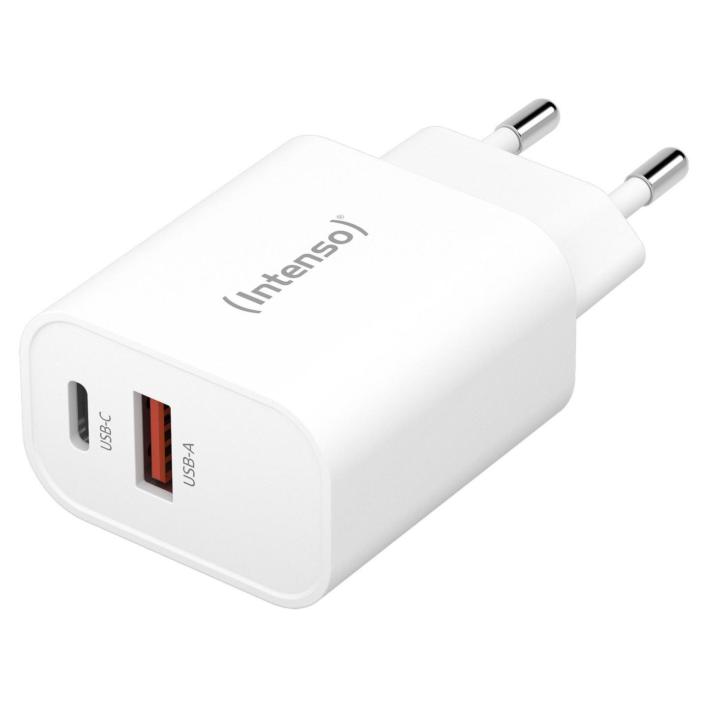 Adapter Intenso W30AC / USB-A + USB-C / 30W / PD 3.0 / PPS / QC 4.0 - Bardhë