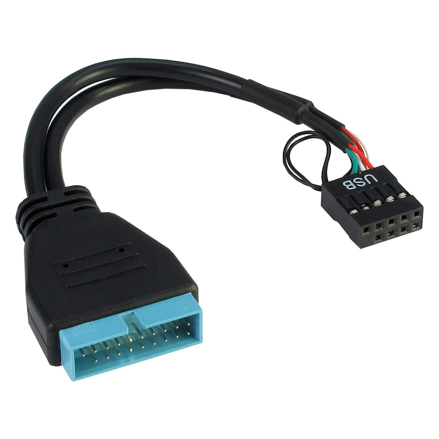 Adapter USB Inter-Tech 88885217 , USB 3.0 19-pin Femër në USB 2.0 9-pin Mashkull , 480Mbps , 15cm - Zezë