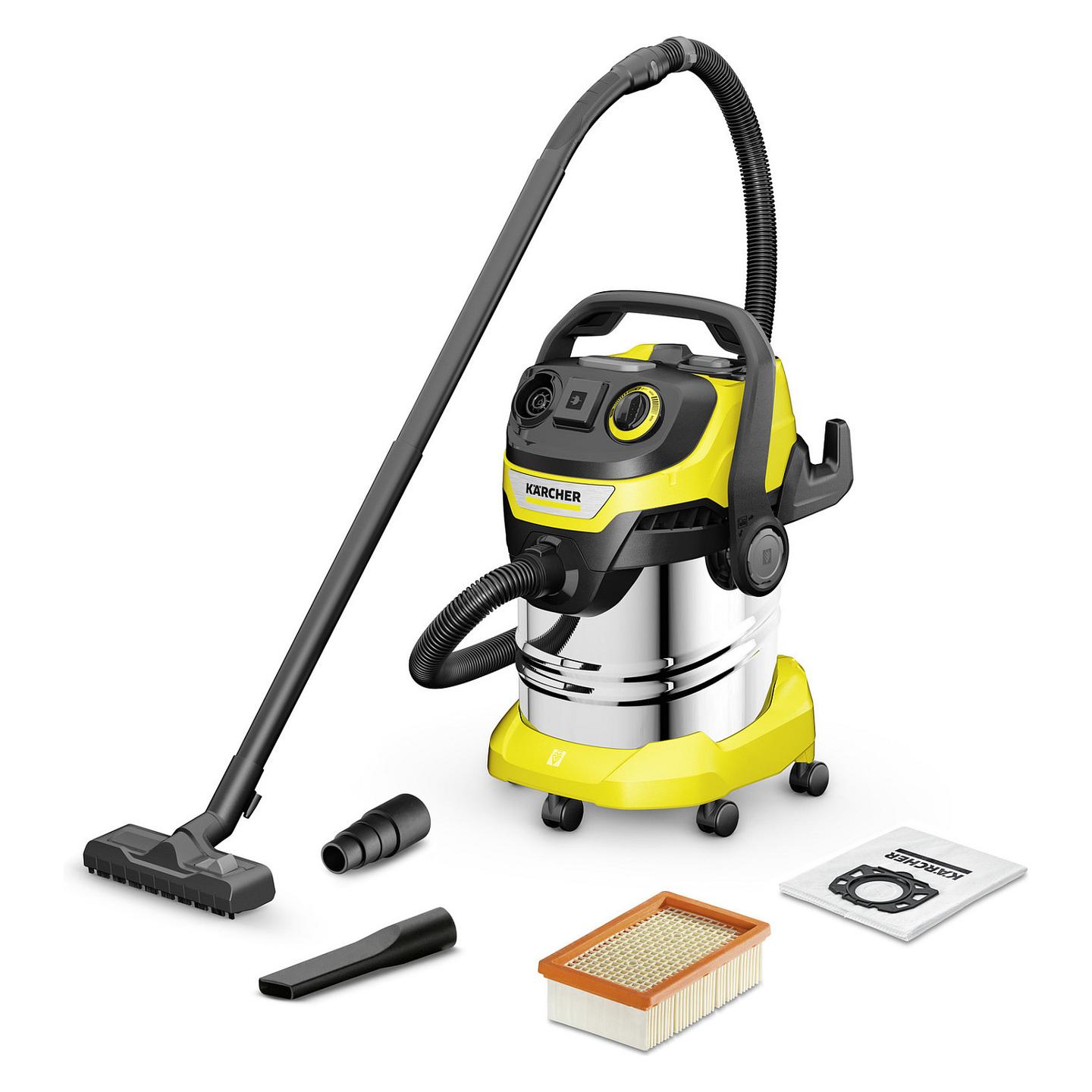 Fshesë me Vakum Kärcher WD 5 P S V-25/5/22 / 1100W / 25L / 5m / 2.2m / Wet & Dry / Power Control / Auto On/Off – Argjend/Verdhë/Zezë - 1