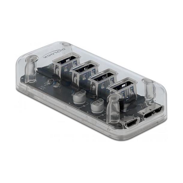 Hub DeLOCK 64087, 4x USB-A, USB 5Gbps, USB Micro-B, Furnizim Shtesë 5V, LED - Transparent - 1