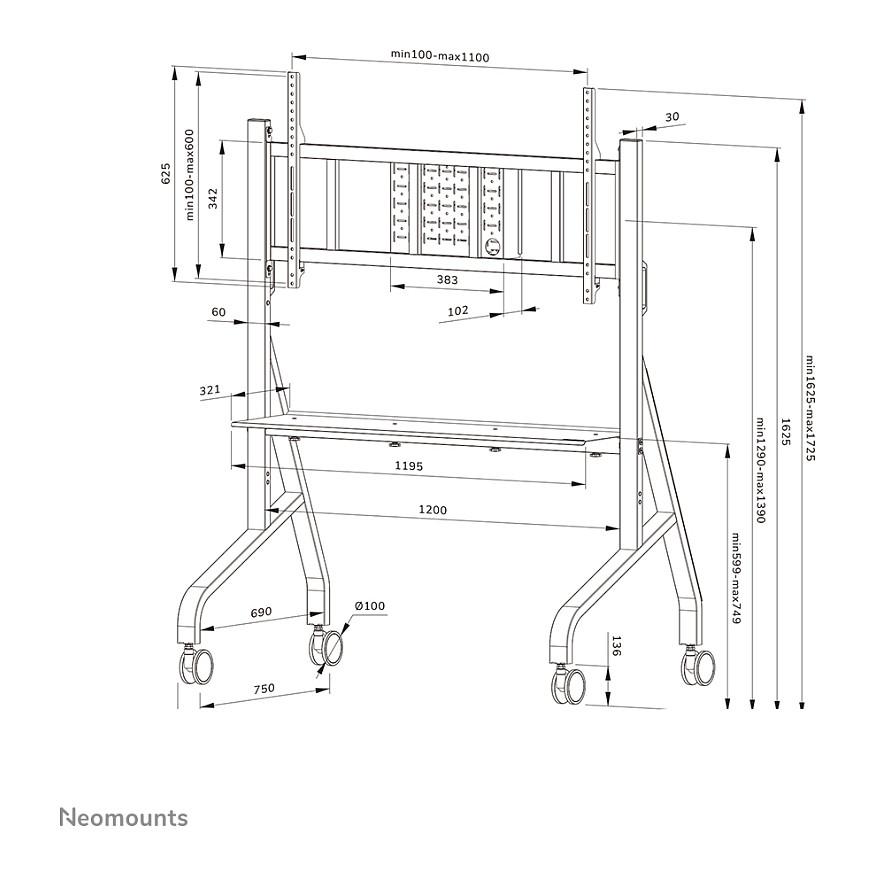 Mbajtëse për TV Neomounts FL50-575WH1 / 65–115" / deri 125kg / VESA 100x100–1100x600 / Lartësi e Rregullueshme / Me Rrota - Bardhë - 19