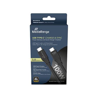 Kabllo USB MediaRange MRCS218 / USB-C në USB-C / USB 3.2 Gen 1x2 / 10 Gbit/s / PD 3.0 100W / E-Mark / 3m - Zezë