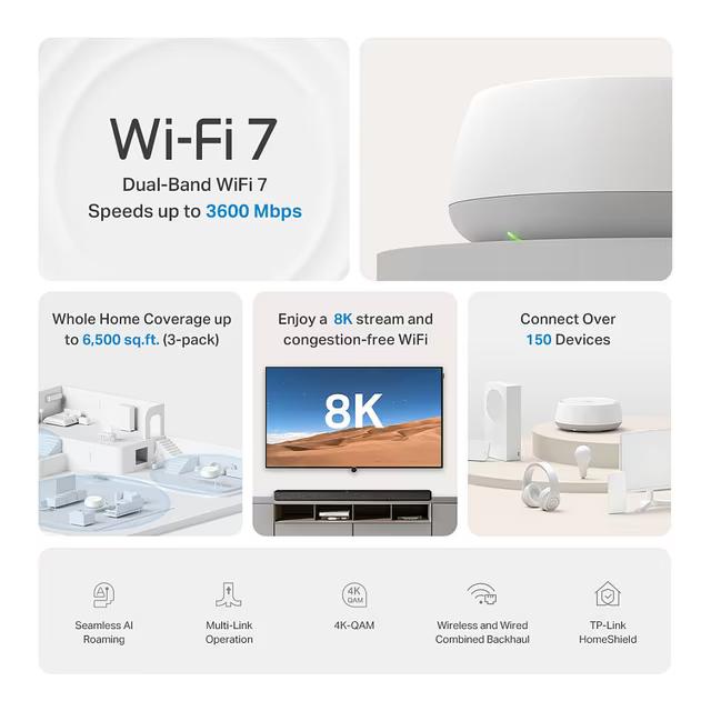 TP-Link Deco BE22 (3-Pack) BE3600 Wi-Fi 7 Mesh – Dual-Band, 2882Mbps 5GHz + 688Mbps 2.4GHz - 3