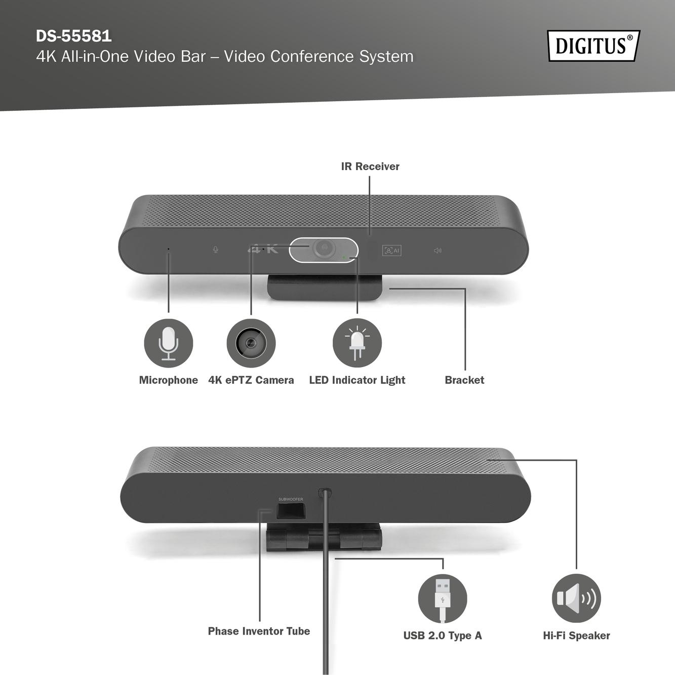 Sistem për Konferencë Digitus DS-55581 / 4K / 8 MP / 2 Mikrofonë / 2W Speaker / USB-C - Zezë - 2