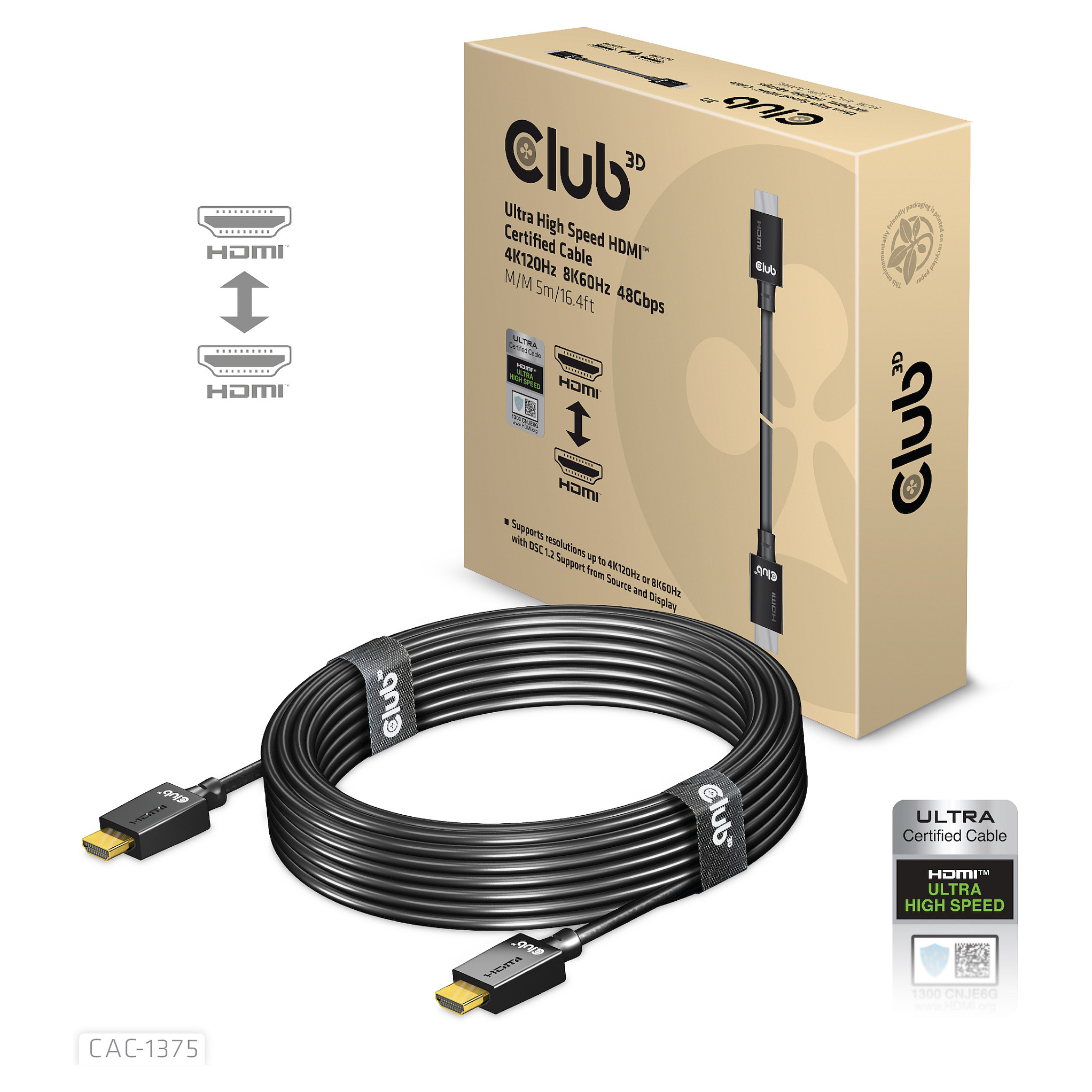 Kabllo HDMI Club3D / HDMI-A Plug → HDMI-A Plug / Version 2.1 / Ultra High Speed / 10K HDR / 5.0m - Zezë - 1