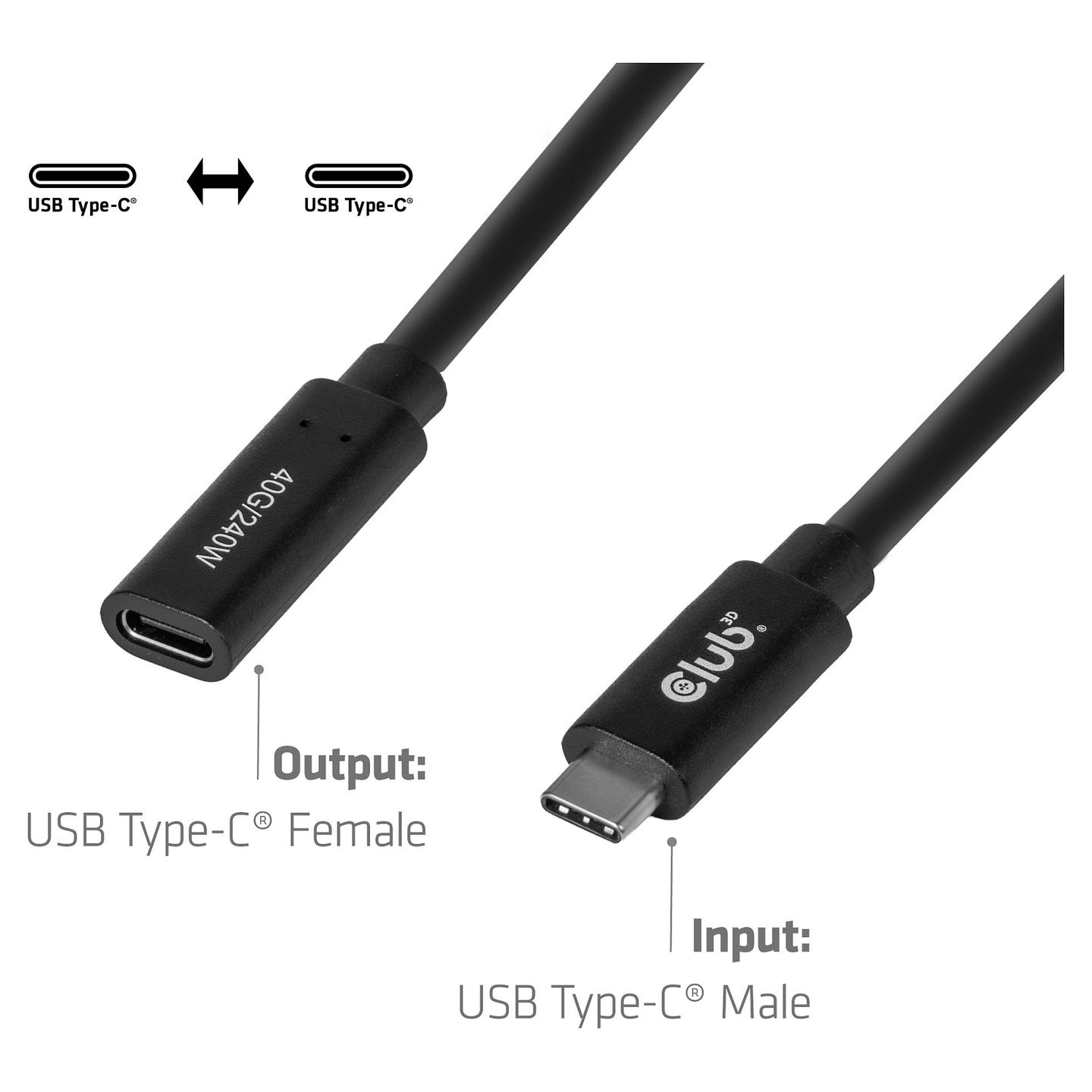 Kabllo USB Club 3D CAC-2502 / USB-C Mashkull në USB-C Femër / 40 Gbit/s / 240W / 8K@60Hz / 1m - Zezë - 4