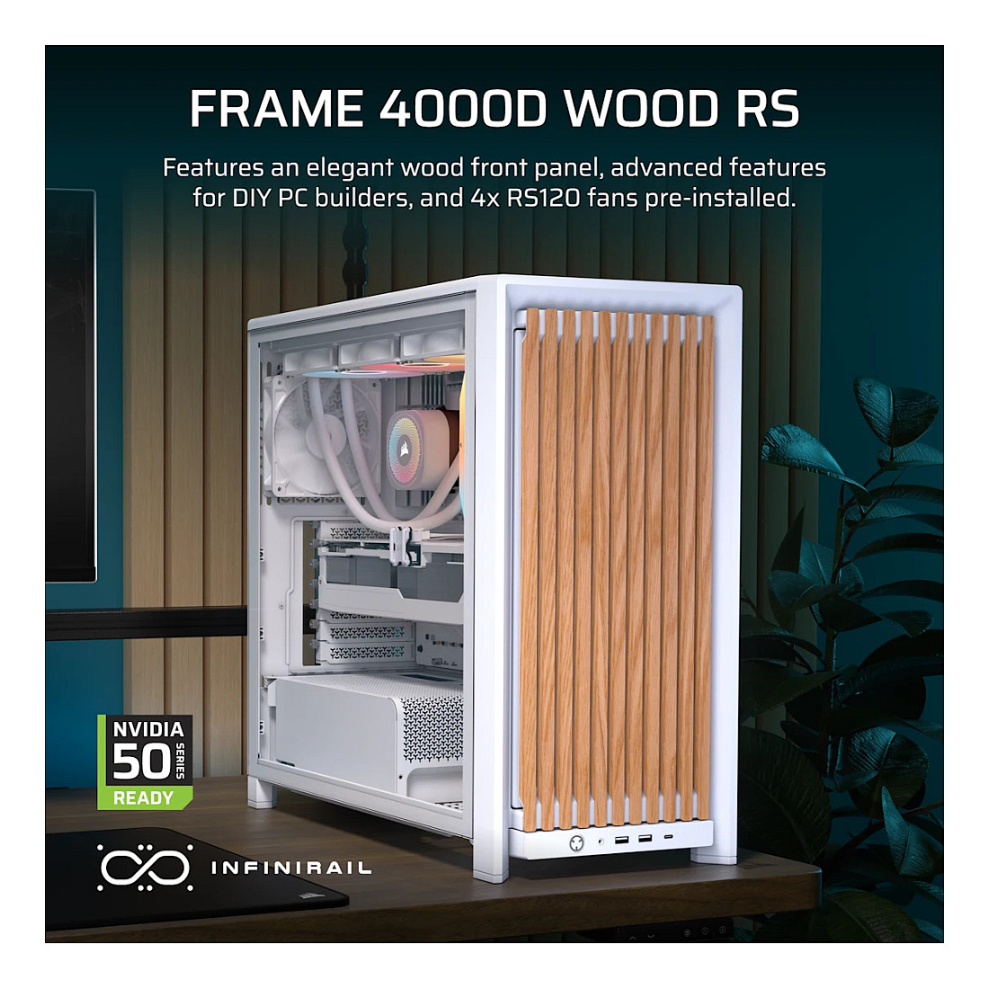 Kasë PC Corsair FRAME 4000D WOOD RS / Mid Tower / E-ATX / 3x 120mm + 1x 120mm RS Fan / Tempered Glass / Wood / 360mm Radiator - Bardhë/Wood - 4